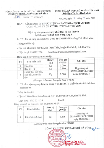 DANH SÁCH ĐƠN VỊ THỰC HIỆN VÀ BẢNG GIÁ DỊCH VỤ THU GOM VÀ XỬ LÝ CHẤT THẢI TỪ TÀU THUYỀN (2025)