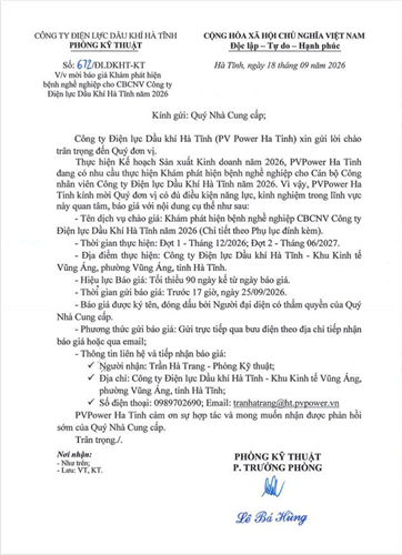 Mời báo giá Khám phát hiện bệnh nghề nghiệp cho CBCNV Công ty Điện lực Dầu Khí Hà Tĩnh năm 2026
